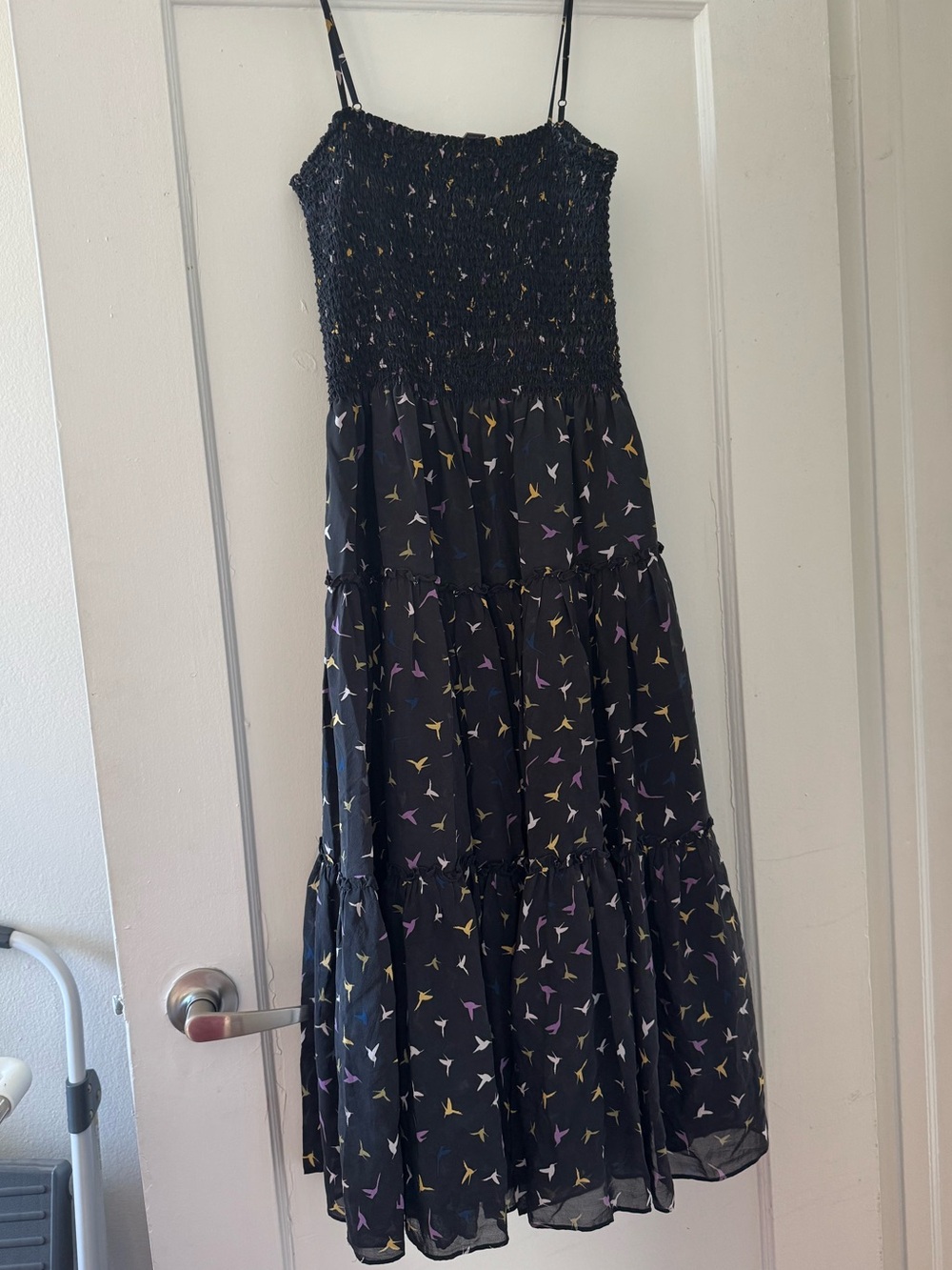 Vintage Issa London Tiered midi Dress with Yellow and Purple Bird Print- size 4